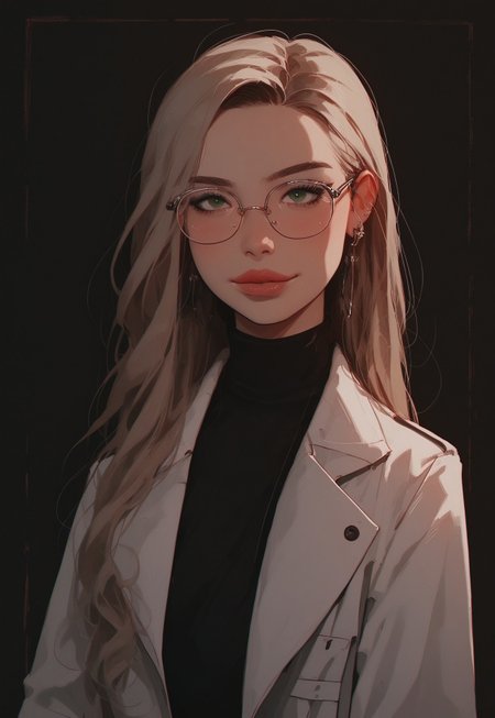 safe_pos, score_9, score_8_up, score_7_up, score_6_up, Expressiveh, very aesthetic, absurdres, highres, solo, laboratory assistant, intern, 1girl, green_eyes, round glasses, clipboard, cropped_legs, holding, holding_clipboard, hugging_clipboard, ((lab_coat)), white_lab_coat, light_blush, lips, smile dimples, college student, 18 years old, young, hime_cut, long_hair, blunt_bangs, blonde_hair, parted_lips, parted_bangs, latex_gloves, sleeves_rolled_up, goofy, gullible, shy, demure, awkward_smile, blushing, cute, looking_at_viewer, light blue shirt, collarbone, earrings, collared_shirt, pleated_skirt, leggings, bright laboratory background, 
cel shading art, hand-drawn graphic novel, beautiful color palette, perfect composition, cinematic, Concept art, good_hands, perfect hands.

