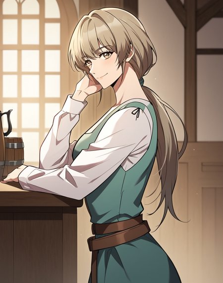 lena_priestess, light brown hair, long hair, light brown eyes, low ponytail, tied hair,  villager clothes, green dress, white sleeves, black belt, manhwa BREAK  indoors, medieval, tavern, BREAK looking at viewer, sexy face, sexy smile, closed mouth, cowboy shot BREAK score_9, score_8_up, score_7_up, source_anime ,zPDXL, perfect hand,  <lora:Lena:0.8>, solo, from side, hand near hair, adjusting hair, looking at side