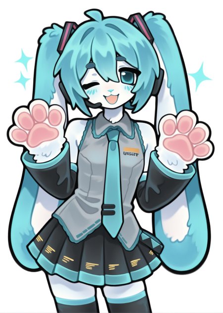 1girl, solo, hatsune miku, usamiku,

aqua eyes, necktie, grey shirt, shirt, detached sleeves, aqua hair, black sleeves, skirt, headset, collared shirt, pleated skirt, thighhighs, hair between eyes,

animal hands, white fur, rabbit ears,
:3, rabbit girl, animal nose, body fur, white fur,
furry female, furrification, 

cowboy shot, one eye closed, zettai ryouiki, sparkle,

open mouth, smile, looking at viewer, looking at viewer, white background,

safe, newset, omufujoshi, black outline, thick outlines, 
masterpiece, best quality, amazing quality