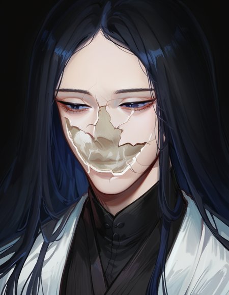 score_9, score_8_up, score_7_up, source_anime, upper body, solo, black background, 1boy, CoverMadrabyNewDad, <lora:CoverMadrabyNewDad:1>,  unohana_tybw, blue eyes, very long hair, straight hair, black hair, narrowed eyes, half-closed eyes, black kimono dress, white coat, white obi,  <lora:Unohana_RetsuDwnstyv2:1>