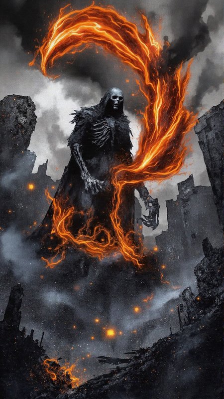 In a desolate, smog-choked cityscape, The Reaper stands tall, its skeletal figure slowly transforming into a swirling vortex of ash and embers. Neon lights flicker and pulse around it, casting an eerie glow over the crumbling concrete and twisted metal. Smoke and mist waft through the air, adding to the moody atmosphere as if the very fabric of reality is unraveling.  As the camera pans across this bleak landscape, it's clear that this is no ordinary apocalypse. The once-vibrant city now lies in ruins, with buildings reduced to rubble and debris-strewn streets, <lora:Flux_Turbo_Alpha.safetensors:1.0> <lora:Wiz-The_Grit.safetensors:0.7> gritty poster art <lora:aidmaFLUXpro1.1-FLUX-V0.2.safetensors:0.7> aidmafluxpro1.1