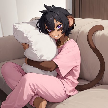 masterpiece, best quality, newest, absurdres, highres, furry, perfect anatomy, MewMewM,1girl,solo,furry,furry female,short hair,black hair,hair between eye,animal ears,purple eyes,necklace,body fur, brown fur,monkey tail, pink shirt, oversized shirt, pajama pants, living room, couch, hugging pillow, arms around pillow, legs crossed, looking at viewer, happy, smiling,