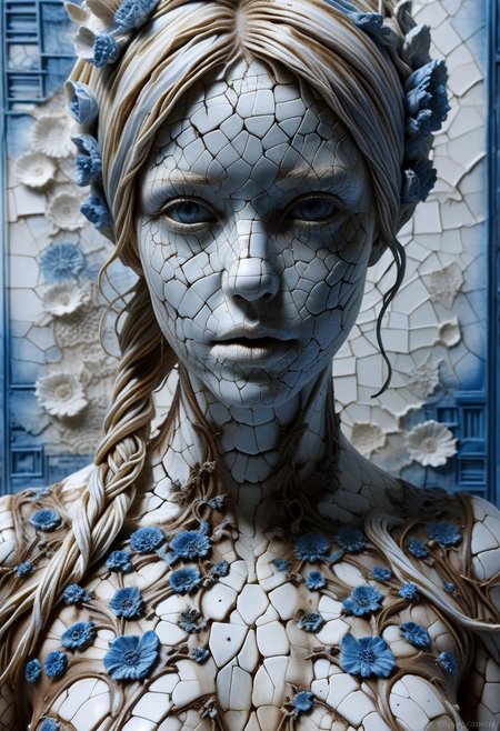 Close-up porcelain face, mysterious silhouette of a porcelain woman in worn down porcelain clothing, white and blue porcelain, alluring goddess, by Minjae Lee, Carne Griffiths, Emily Kell, Steve McCurry, Geoffroy Thoorens, Aaron Horkey, Jordan Grimmer, Greg Rutkowski, amazing depth, double exposure, surreal, geometric patterns, intricately detailed, bokeh,  perfect balanced, deep fine borders, artistic photorealism , smooth,  great masterwork by Suiras  <lora:add-detail-xl:2>  <lora:Double_Exposure:0.5>