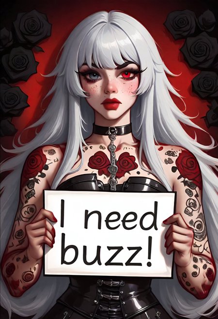 artist:moriimee, Heterochromia, left eye red color, right eye blue color, black corset, black rose tattoos on arms, black choker, straight silver long hair, holding a sign in arms, need_buzz