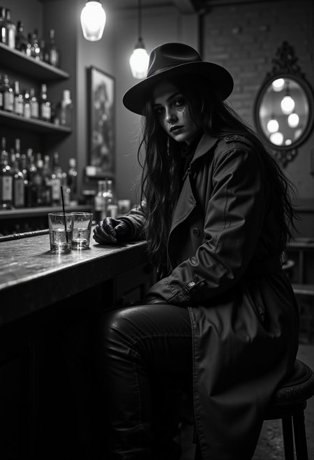 a black and white photograph with a noir style, depicting a dimly lit bar setting. The layout is centered on a solitary female figure sitting at a wooden bar counter. The female has long hair, and wearing a trench coat, gloves, and a fedora hat, with a distinctive dark makeup around her eyes, adding a mysterious and dramatic element to the scene. The female holds a glass of what appears to be whiskey in her right hand, while another glass with a straw sits on the counter. The background includes shelves lined with bottles and a mirror reflecting the bar's interior. The lighting is soft, casting shadows that enhance the moody atmosphere. The overall composition conveys a sense of intrigue and suspense, typical of classic noir imagery.