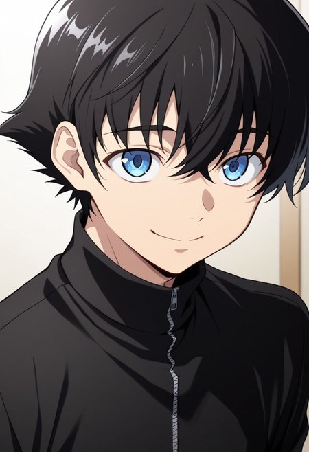 masterpiece,best quality,amazing quality, source_anime, 
YukiteruAmano, 1boy, male focus, solo, blue eyes, black hair, black shirt, turtleneck, zipper, smile, portrait,