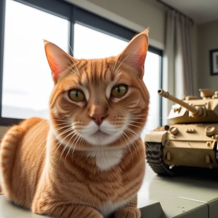 cinematic film still photo,  orange cat, <lora:Meme_soph-PhotoBombv2-SDXL:0.8>, cfb, sherman tank . shallow depth of field, vignette, highly detailed, high budget, bokeh, cinemascope, moody, epic, gorgeous, film grain, grainy