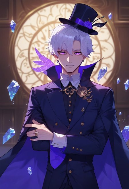score_9, score_8_up, score_7_up, score_6_up, one anime style, boy, 20 year old, attractive, masterpiece, best quality, short white hair, purple tux with top hat, clear purple eyes, high detailed eyes, ice shards, purple glow, neutral expression
