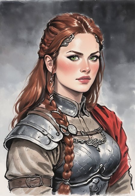safe_pos, score_9, score_8_up, score_7_up, 1girl, solo, 
Viking warrior, intricate chainmail armor with leather accents and Norse runes, ancient battle axe with a polished wooden handle and a gleaming steel blade, long braided red hair adorned with bronze beads, realistic, cinematic angle, cinematic lighting, muscular body, fierce face, piercing green eyes, battle-ready pose 
BREAK 
standing on a rugged coastal cliff 
BREAK 
source_Viking_art, rating_explicit, expressive, dynamic pose 
BREAK 
detailed beautiful background, dramatic coastal landscape with towering cliffs and crashing waves, ancient Viking longships on the horizon, rugged terrain with rocky outcrops and wild grasses, distant mountains with snow-capped peaks, epic atmosphere with a sense of adventure and danger <lora:Expressive_H:0.6> Expressiveh, (SimplepositiveXLv1:1.3), 
(((upper body, full clothed:1.85))) ((masterpiece)) (ultra realistic, 32k, masterpiece:1.2), (high detailed skin:1.1), (high quality:1.1) (((full clothed))), (8k uhd:1,4) <lora:DandonFuga_Style_v.2_-_Pony:0.8> 
<lora:add-detail-xl:1> 
<lora:Dynamic Poses:1>