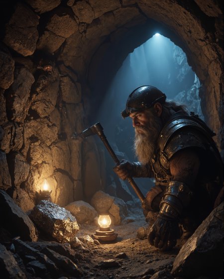 Cinematic move film Still, This digital artwork depicts a scene deep within what appears to be a dwarven mine or underground cavern. The central figure is a stout, jibdw@rf,  dwarf character rendered in a style reminiscent of fantasy gaming art. He has a long, gray beard and wears traditional dwarven attire consisting of dark-colored armor or mining gear, complete with a distinctive horned helmet characteristic of dwarven design. The dwarf is shown in an animated, swinging a large pick at a wall, making a  remarkable discovery on the cavern wall - a spectacular lumps of silver ore. This mineral deposit is illustrated sprakling lumps.  The setting is richly detailed with atmospheric elements. The cavern walls are textured with various shades of brown and gray, suggesting the rough, natural formation of the rock. There's a subtle play of light and shadow throughout the scene from a lite lamp, with darker blues in the background suggesting the deep recesses of the cave system. The ground appears to be the packed earth and stone typical of a mine floor, rendered in warm brown tones. Near the dwarf's feet lies mining equipment, including what appears to be a shovel and some other mining implements, suggesting he was in the midst of his mining work when he made this discovery. There's also a lantern on the ground, casting a warm, localized glow that helps illuminate the immediate area around the dwarf. The lighting in the scene is particularly noteworthy, with multiple light sources creating a dynamic atmosphere. , while the lantern on the ground offers a more practical, warm light. There's also an interesting blue-tinted ambient light in the background, perhaps suggesting other mining operations or natural cave phenomena deeper in the tunnel. The art style is a realistic environmental rendering. the cave environment and especially the silver ore are rendered with more naturalistic detail and atmospheric effects. The composition draws the viewer's eye from the expressive dwarf figure toward the dramatic silver deposit, creating a clear narrative moment of discovery. The contrasting dark and light elements, . Small details like the sparkling particles around the gold vein and the texture of the cave walls add depth and richness to the overall composition. The overall mood of the piece is one of excitement and discovery, capturing a moment of triumph in the life of a mining dwarf. The character's body language and the dramatic lighting combine to convey the thrill of striking riches in the depths of the earth, a classic theme in dwarven fantasy lore. 4k , 8k UHD.