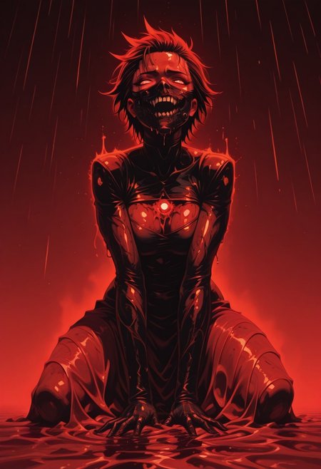 <lora:ck-shadow-circuit-IL:0.78>, 
in the style of cksc,(((masterpiece))), best quality, amazing quality, no lineart, femininous, solo, mature, (((insane face mask))), completely wrapped in red sheet, red glowing sheet, holographic sheet. bloodlust, lascivious. seamless melting in background, emerging form red blood, (((bloody rain))), raining blood, dynamic view from top,  side perspective, from side.
Hell on earth. devils companion, radical, stark, bold,