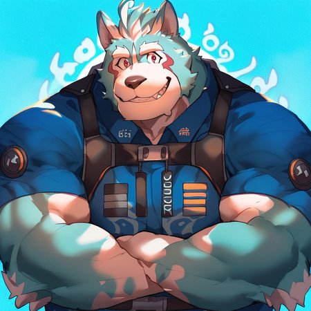 score_9, score_8_up, score_7_up, furry, Oguchi, komainu, blue fur, white fur, curly fur, red markings on chest, cartoon style, 2d, muscular male, huge pecs, solo, upper body focus, blue uniform, arms crossed, smile, looking at viewer, light blue background