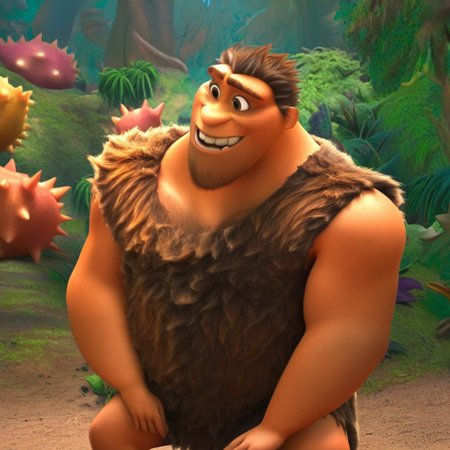 Grug, 1boy, short hair, facial hair, bara, musuclar, thick eyebrows, chest hair, brown hair, stubble, pectorals, brown eyes, arm hair, leg hair, sleeveless, tattered tunic, furry top, brown fur, caveman, broad shoulders,  forest, smile,