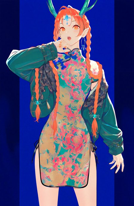 1girl, solo, long_hair, looking_at_viewer, open_mouth, long_sleeves, dress, jewelry, jacket, braid, cowboy_shot, earrings, horns, hand_up, nail_polish, orange_hair, twin_braids, orange_eyes, chinese_clothes, ring, china_dress, hoop_earrings, green_nails