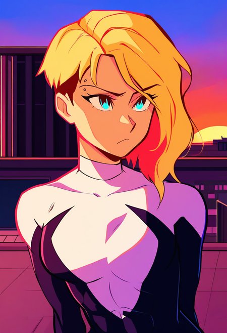  rheasimonestyle,  masterpiece, bold lines, vivid colors, solo,    gwen stacy, detailed blue eyes, blonde, face shot, eyebrow raised, confused, toned, abs,  sunset rooftop building background,