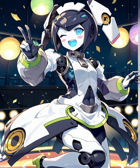 score_9,score_8_up,score_7_up,2D animation style,source_anime,anime screencap,rating_explicit,best quality,masterpiece,Japanese Anime Style,(solo),(1girl),smile,open mouth,looking at viewer,<lora:wf_dia_ponyxl:0.8>,dia (wolrd flipper),robot girl,humanoid robot,android,multicolored skin,colored sclera,blue sclera,blue eyes,colored tongue,blue tongue,headgear,joints,robot joints,white dress,detached sleeves,puffy sleeves,zipper pull tab,covered navel,mechanical skirt,flat chest,translucent,blush sticker,hands up,from side,arched back,looking to the side,happy,screaming,stage badkground,singing,idol concert,stage lights,light particles,curtain,full body view,one eye closed,arm up,happy,hand up,5 fingers,