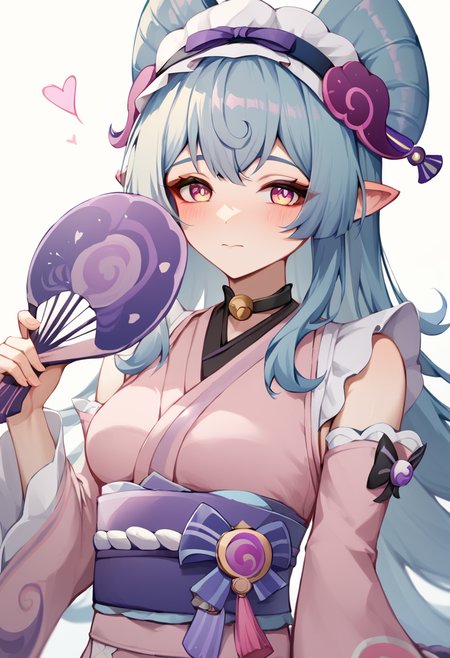 score_9,score_8_up,score_7_up,<lora:yumemizuki_mizuki_pony-000010:1>,yumemizuki mizuki, 1girl, solo, white background, simple background, holding fan, looking at viewer, ear blush, closed mouth, frilled hairband, medium breasts, pink sleeves, detached sleeves, highres, obi, nihongami, heart, commentary request