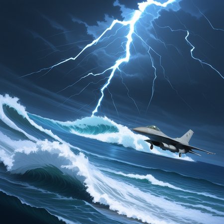 <lora:F-16_Illustrious:1>  f-16,ocean,storm,waves,lightning,  airplane, military, masterpiece, best quality, amazing quality