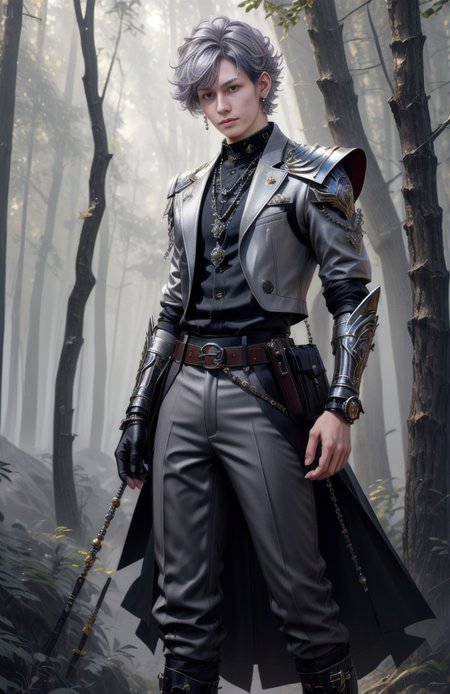8k,  ((masterpiece)).((best quality:1.2)),  sharp focus, full body, head to toe, 1 young man, 22 years old, youthful appearance, male focus, dynamic pose,  silver colored hair, curly hair, EYESHD, Nora outfit fur accents, Nora outfit bead necklaces, Nora outfit pants, Nora outfit hip quiver, Nora outfit leg guards, Nora outfit arm braces, Nora outfit belt with pouches, and Nora outfit fur boots,   defined body, thin waist, looking at camera, armor,  detailed background a wooded clearing, (absurdres) , <lora:more_details:0.5>, <lora:wrenchftmfshn>,<lora:add-detailxl:0.8>, <lora:Eyes_High_Definition-000007>,  <lora:bulge:1>, <lora:lightup_brightness_v200:1>, <lora:Nora:1>