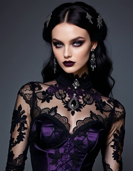 Inspired by:Dark Gothic style, Elegant Darkness, enchanting allure, sinister elegance, moody aesthetic, gothic lace, deep jewel tones and delicate embroidery, deep tones of obsidian and violet.