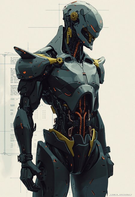 A futuristic cyborg with a sleek, high-tech design, combining human and robotic features. The cyborg's body is a mix of advanced white armor plates and glowing gold accents. Its face is a blend of human and mechanical elements, with one eye glowing with a bright gold hue. The body is muscular, yet sleek, with intricate gold circuitry visible beneath its white, polished surface. The arms and legs are made of advanced alloys, with mechanical joints and white, gold-trimmed armor. The cyborg stands confidently in a high-tech urban environment, with neon lights reflecting off the metallic surfaces. Its posture exudes strength and precision, a perfect fusion of human intellect and robotic power,mecha,mechanx,mecha skin

