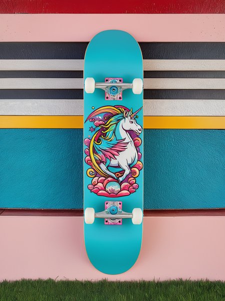 EdobSkate, skateboard with intricate a fun design of mythical creatures like unicorns and dragons skateboarding, against a whimsical fantasy land background <lora:EdobSkate_XL_v1.0:0.8>, best quality, uhd, 8k, detailed