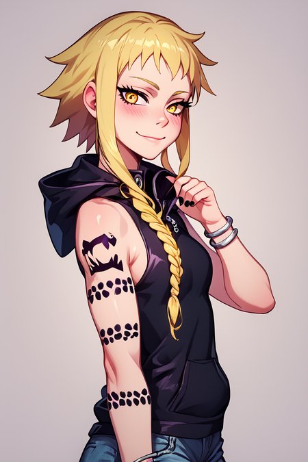 score_9, score_8_up, score_8, medium breasts, (curvy), cute, eyelashes,       BREAK, , zzMedusa, blonde hair, long hair, braid, yellow eyes, tattoo,  hood, jewelry, bracelet, sleeveless, nail polish, hoodie, braid, black nails,  <lora:Medusa_SoulEater_PDXL_v2:1.0>, BREAK, closed mouth, alternate costume, smile, looking at viewer, blush, zzLFashion, cowboy shot, ,,, embedding:zPDXL, Expressiveh, ,,, <lora:Vivid:0.7>, <lora:LFashionPDXL:1>, <lora:Uncensored_PonyXL_cpt_v02.09:0.4>, <lora:Expressive_H-000001:0.4>,
