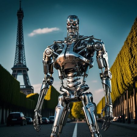 T800-1024, robot, full body, standing in postapocalyptic paris, fires, detailed eyes, highly detailed, photography, ultra sharp, film, bokeh, professional, 4k  <lora:add-detail-xl:1.5>  <lora:T800-1024-000450:0.8>