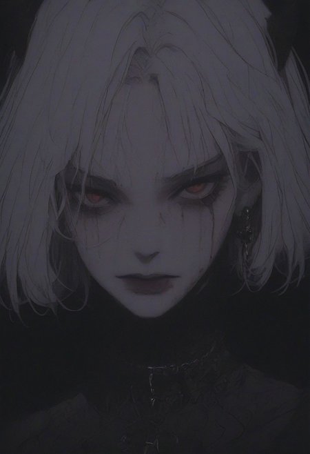 score_9, score_8_up, score_7_up, flat color, blood dripping from mouth, demon girl, demon horns, gthan, gothic, jewelry, red eyes, solo, blood, earrings, cross, 1girl, black background, looking at viewer, portrait, short hair, necklace, blood on face, cross necklace, simple background, spot color, closed mouth, white hair, cross earrings