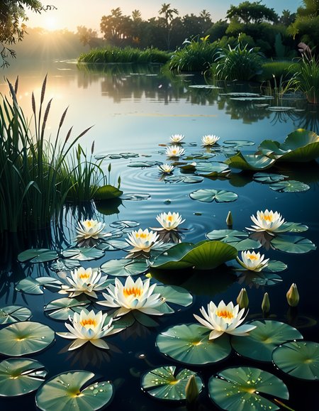 A highly detailed and realistic photograph of a serene lily pond surrounded by lush greenery. The calm water reflects the soft sunlight filtering through the overhanging trees. The surface is adorned with vibrant green lily pads, some with delicate pink and white water lilies in full bloom. A few dragonflies hover above the water, their wings catching the light. Gentle ripples create subtle distortions in the reflection of the sky and foliage. In the background, a dense array of reeds and aquatic plants frame the pond, adding depth and texture. The soft golden glow suggests late afternoon or early evening, enhancing the tranquil and picturesque atmosphere. The composition is balanced, drawing the viewerâs eye toward the natural beauty of the water lilies and their intricate details.
 <lora:SDXLFaeTastic2400:0.4> <lora:extremely_detailed:0.4> extremely detailed,<lora:lily_p0nd:1>,lily p0nd, Masterpiece,best quality,hi res,8k,hi res,8k,award winning,(sharp focus, intricate, highly detailed),