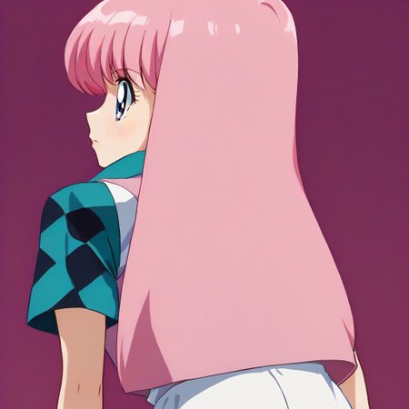 Nakajima Noriko, pink hair with bangs, blue eye, wearing a pink vest over a blue-green checkered shirt, white shorts,,
