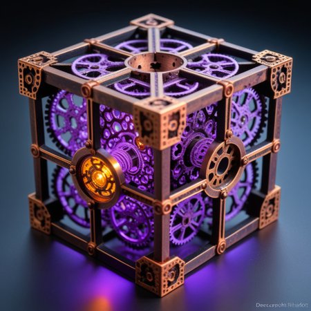 corroded cast iron termite hill cross_section menger cube,  topaz, Mandelbrot set, tesseract time machines, steel and copper wiring, dodecahedron, glowing purple gears,  spherical mechanism