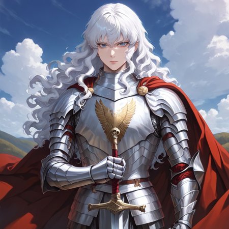 masterpiece, best quality, newest, absurdres, highres, DFAV1.5, 
1boy, griffith_(berserk), white hair, blue eyes, wavy hair, armor, 
holding, holding weapon, holding sword,