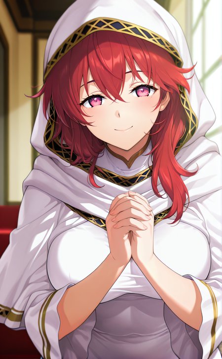 masterpiece, best quality, highres, newest, 1girl, solo, official style, anime screencap, <lora:IL_Lena:1>, lena, red hair, pink eyes, white dress, hood, taut dress, interlocked fingers, looking at viewer, smile, own hands together,