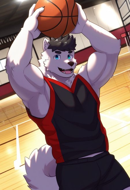 <lora:GabeV2:1>, gabe, wolf boy, short hair, black hair, wolf tail, blue eyes, perfecteyes, muscular male, bara, athletic build, furry male, furry, solo, 1boy, beautiful, hyper-detailed, highres, amazing quality, very aesthetic, dynamic lighting, detailed background, basketball court, black tank top, black shorts, cowboy shot, dynamic angle, smile, face focus, close up, portrait, holding basketball