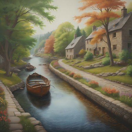 Stone cottage, cobblestone street, trees, flowers, a river, boat, rustic, warm tones.

<lora:PencilDrawEn01_CE_SDXL:0.6>
