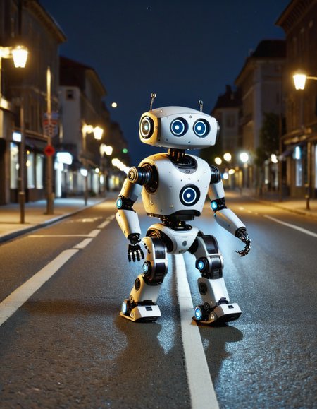 robotlora, robot, walking trough empty street at night