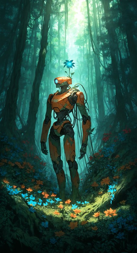 masterpiece, best quality, good quality, very aesthetic, absurdres, newest, solo, standing, full_body, flower, outdoors, day, tree, no_humans, glowing, leaf, plant, red_flower, robot, 1other, scenery, nature, mecha, science_fiction, blue_flower, forest, yellow_flower, cable, joints, vines, robot_joints, orange_flower, moss, humanoid_robot, overgrown <lora:ponyv4_noob1_2_adamW-000017:0.7> <lora:USNR_STYLE_XL_lokr:0.45>