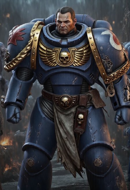 mature adult style, masterpiece, absurdes, action shot, war footage,
(titus, ultramarine:1.3)
sci-fi castles, partial destruction of castle, gothic architecture, 
holding chainsword, magic, thunder, explosion, dead bodies, death,
wearing detailed power armor, (robe, tubes:1.3), old, facial hair, glowing blue eyes,
(scifi scene, male focus:1.35), rain, thunderstorm, dark ambiance, burning buildings, burning aircraft, futuristic aircraft landing in the background,
<lyco:cosmetic - UnlimitedBladeWorks1.6:0.6> <lora:artstyle - LowRA:0.6><lora:ULTRAMARINES MK1 by CCARAXESS:0.98>