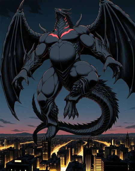 score_9, score_8_up, score_7_up, 
<lora:Draglord_(Guyver)_(Illustrious)_(AD):1> Draglord, Guyver, dragon, 
((exterior, science fiction, night sky with anime dark clouds, summer, hot day, city skyline, Tokyo, 
dynamic action, bent leg, 
titanic, gigantic, kaiju, glowing eyes, dragon tail, showing very clear signs of superiority and superior strength, dominant, solo, manga style illustration, wanton destruction, he marvels and is ecstatic about his newfound strength, is very clearly stronger and magnificent, dragon wings, thick arms, thick legs, large shoulders, gloating, smug smile, mocks his enemies, large body, overwhelmingly muscular body, behold his strength, admire his magnificence, those that oppose him will receive hellish punishment, hyper muscular, his tendrils are absorbing zoanid monsters to add their biomass to his body, "I am God", ):1.5), 
BREAK Smooth Quality, IllusP0s, lazyhand, lazympos, lazynsfw,