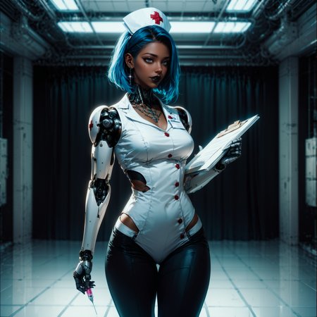 (score_9, score_8_up, score_7_up, zPDXL),
BREAK
A nurse full body  dark-skinned female blue hair   holding a syringe and a notepad.
BREAK
She walks towards the viewer in the hospital room.
BREAK
She has black lipstick, red skinhighly detailed, female focus, robot, cyborg , android, mechanical arms, cybernetic neck, bionic torso, bionic skin
BREAK
thick lineart, sharp edges, cel shading, linear hatching, black and white comic-noir aesthetics, film noir atmosphere, high contrast, duotone,