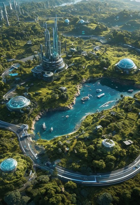 Holographic Horizons Create an image showing a futuristic world where holographic technology shapes everyday life and landscapes. Robotics, 
extra detailed, 
earth on year 2150