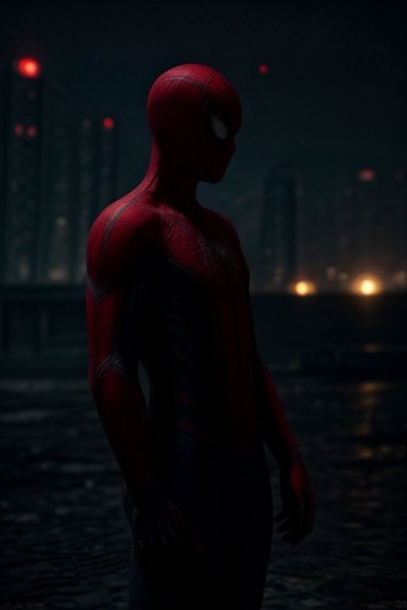Spider-Man in a red and blue suit on the background of a night city. He stands surrounded by cobwebs and looks directly at the viewer