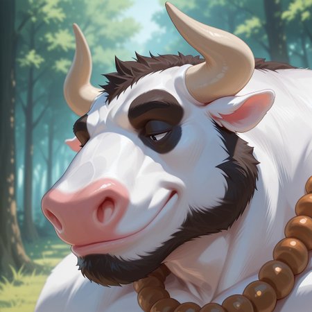 score_9,score_8_up,score_7_up,score_6_up , 2024, masterpiece, best quality, amazing quality, mascular, 20r0j_2
BREAK 
1boy, cow, Anthro cow, White skin, tribal clothes, mascular
BREAK
face focus, face close up, semi closed eyes, forest background,
