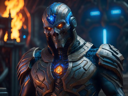 intricate movie scene,  sci-fi city blacksmiths forge, tron style, close up of a menacing cyborg necromancer, satyr skull face, bio-organic, tubes and veins, volcanic body, stood in front of circular blue stargate, electric arcing, deep depth of field, highly detailed 8K, 35mm