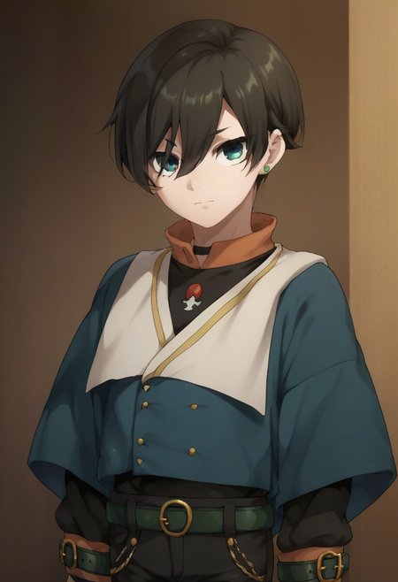 score_9, score_8_up, score_7_up, source_anime, highly detailed, 
jackmouton, 1boy, male focus, solo, jewelry, earrings, blue eyes, black hair, looking at viewer, ring, belt, pants, black pants, hair between eyes, long sleeves, capelet,