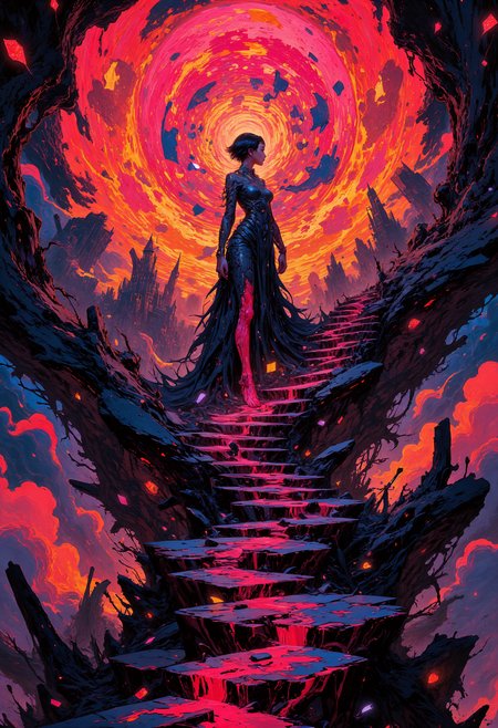 masterpiece, high-quality, A towering, biomechanical empress ascends a staircase of glowing black glass, each step pulsating with crimson veins of energy. Her sleek, metallic gown flows like liquid mercury, adorned with jagged shards of glowing ruby. Her short, jet-black hair is crowned with floating, fragmented pieces of a shattered halo that rotate around her head in synchronized motion. Behind her, a colossal, mechanical sun looms in the surreal sky, its blinding rays illuminating the jagged, hyperdetailed silhouette of a fractured city consumed by spiraling shadows and neon embers., <lora:FLUX\Anime v1.3:0.5> <lora:FLUX\VividlySurrealOrigin:0.8> <lora:FLUX\FLUX-daubrez-DB4RZ:0.4>