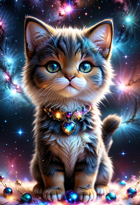 ((videogame_style))), (sharp focus:1.2), lineart, flat color, monochrome, greyscale, depth of field, bokeh, 8k, OLED, 1 baby cat, being playful, wearing ribbon choker in different colours, different fur, super cute,, The cat raises its paws towards the viewer, in the galaxy, space cat flying in the stars,lluminated by the ethereal glow of cosmic lightning, the light is reflecting shadows on the cute animal, for the viewer, it appears alive, as if a glimpse of its inner sparkle is possible, star sky, peacful and grateful atmosphere, painted hearts, magical atmosphere, close up, (((cuteness overload))), <lora:detailed_notrigger:0.9>, zhibi <lora:zhibi:0.8>, <lora:tweak-detail-xl:0.7> <lora:Jed-Cosmos-sdxl:0.7> Jed-Cosmos