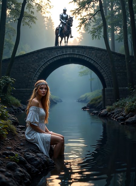 Hyperrealistic art  a serene, mystical forest scene. The central focus is a young woman with long, flowing blonde hair, sitting on a rocky bank by a calm, reflective river. She wears a white, off-the-shoulder dress with intricate lace detailing and a delicate headband. Her expression is contemplative, and she gazes towards the middle ground. In the background, a stone bridge arches over the river, creating a picturesque symmetry. The bridge is made of large, gray stones, and its arch is slightly arched, adding a sense of grandeur. On the bridge, a knight in full medieval armor, with a helmet and a sword, rides a brown horse. The horse's hooves are raised slightly, as if mid-gallop. The knight's armor is polished and reflective, catching the soft light filtering through the dense forest canopy. The forest is lush with tall trees, their trunks and branches forming a dense, leafy canopy that filters the light, creating a soft, ethereal glow. The ground is covered in greenery, and the water of the river is calm and mirror-like, reflecting the scene above. The overall atmosphere is one of tranquility and otherworldly beauty. <lora:add-detail-xl:.5> <lora:Flux-style-xl-lora:.5>