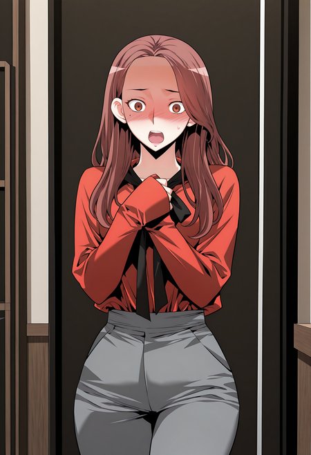 highres, best quality, masterpiece, indoors,
1girl, solo, lprmyjha, long hair, brown hair, brown eyes, mole,
red shirt, shirt tucked in, grey pants, black ribbon, long sleeves, sleeves past wrists,
shaded face, embarrassed, open mouth, upper teeth only, looking at viewer, 
standing, covering privates,
<lora:_yeon-ju_ha-love_parameter-elesico-ilxlA:1.1>